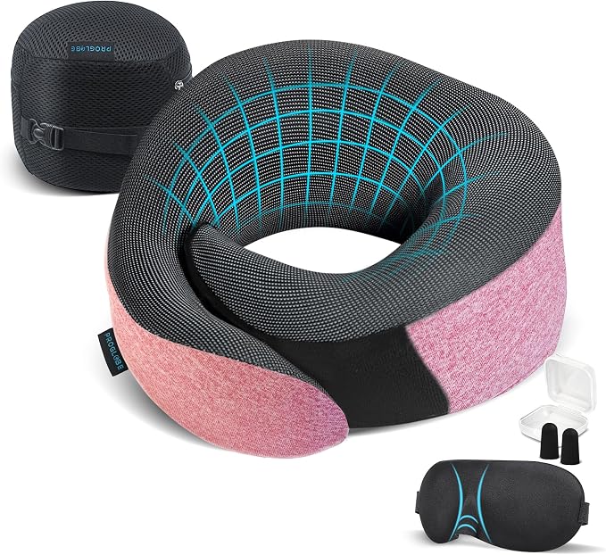 Pink Airplane Travel Pillow Set, 100% Pure Memory Foam Neck Pillow, Updated by Proglobe