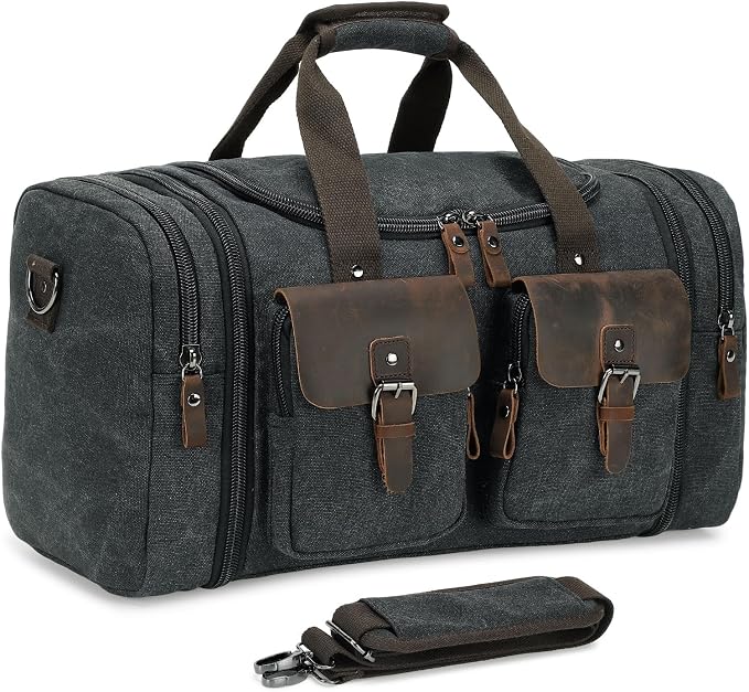 Canvas Duffle Bag with Genuine Leather Accents, Expandable 20-23 Inch Travel by SUIKIHUM