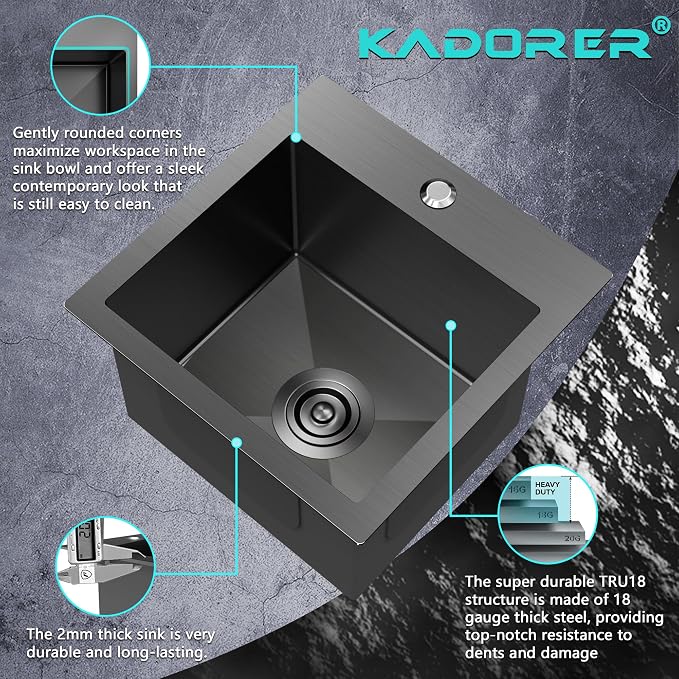 15 x 15 Inch Black Drop In Kitchen Sink - Image 5