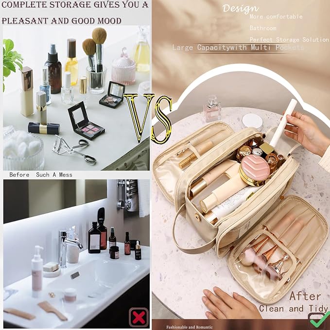Travel Toiletry Bag for Women PU Triple-layer Double Zipper Toiletry Bags - Image 5