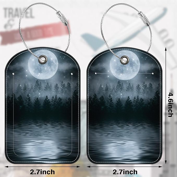2 PCS Leather Luggage Tag for Suitcase Forest Moonlight Reflection in Water - Image 2