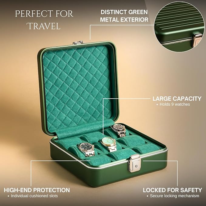 Bey-Berk Prague Aluminum Watch Case in Hunter Green – 9-Slot Locking Travel Box - Image 3