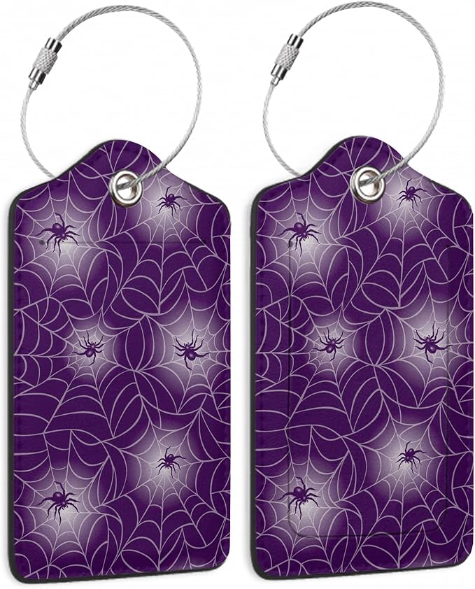 Halloween Luggage Tags Set of 2 Purple Spider Web Leather Suitcase Tags by SKYDAWNY