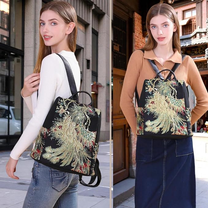 Jursccu Glitter Embroidery Women Backpack Purse, Fashion Canvas Travel - Image 5