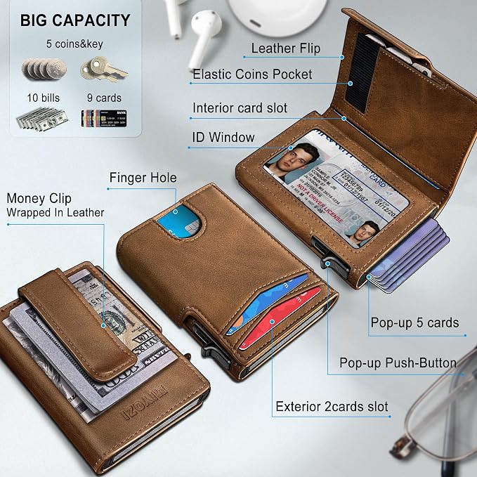 Men Wallet, with Money Clip Coins Pocket ID Window, Slim Front Pocket RFID - Image 2