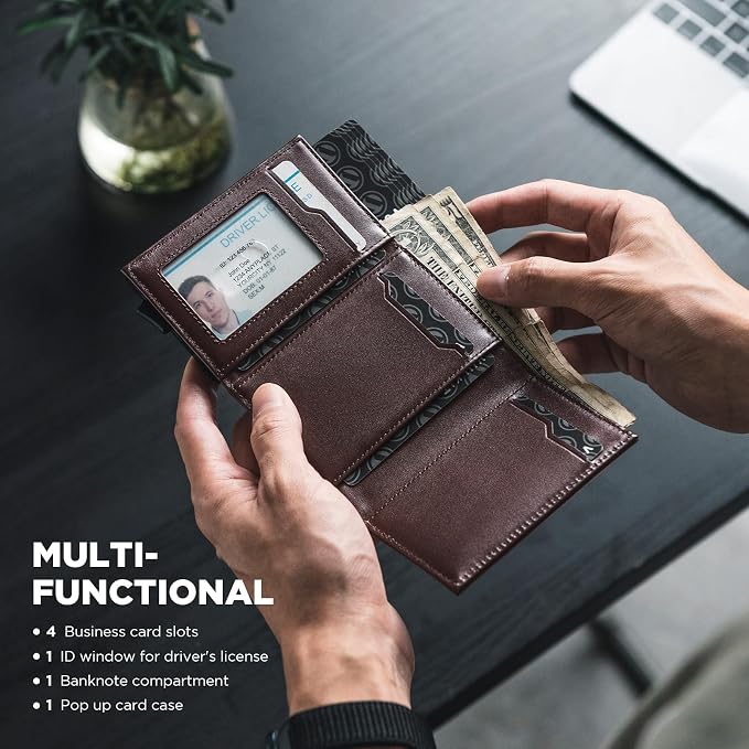 VULKIT Pop up Card Wallet Minimalist Cash Wallets RFID Blocking Leather Smart - Image 3