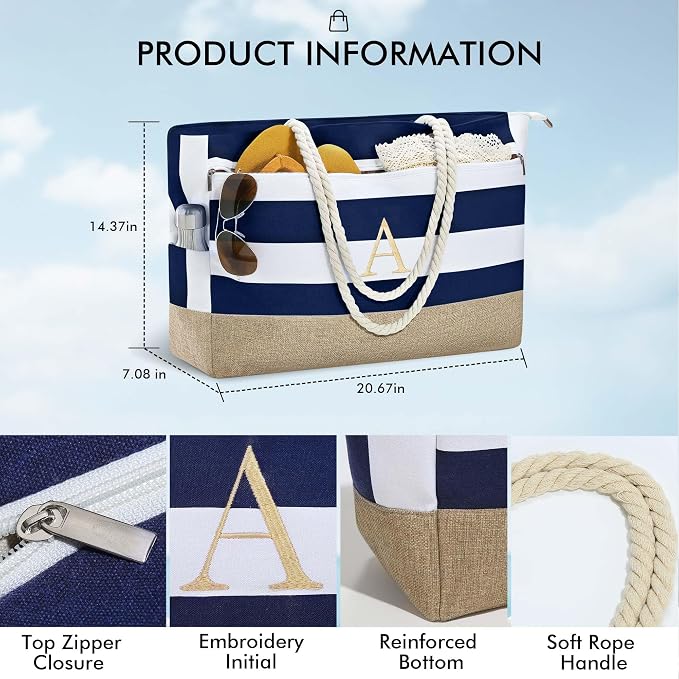 YOOLIFE Large Initial Beach Bag Waterproof Tote Zipper Bag Personalized Gifts - Image 3