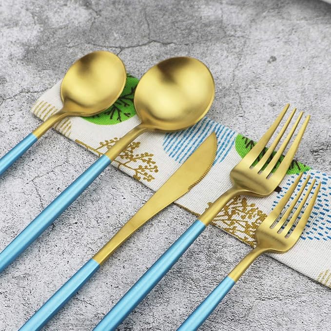 Gugrida Blue Handle Matte Gold Silverware Set - Image 7