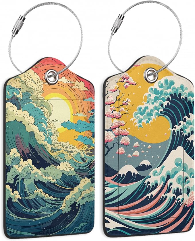 2 Pack Luggage Tag for Suitcase, Waves Sunrise Leather Bag Tags Identifiers by TXIANT