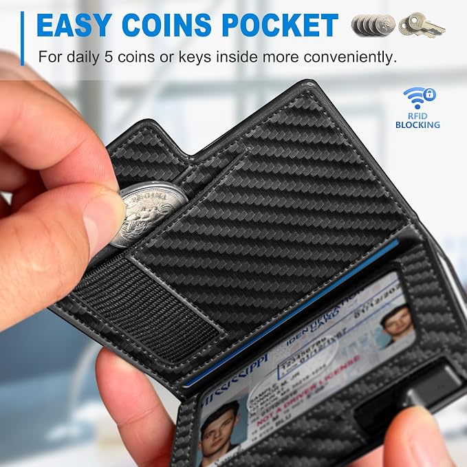 Men Wallet, with Money Clip Coins Pocket ID Window, Slim Front Pocket RFID - Image 3