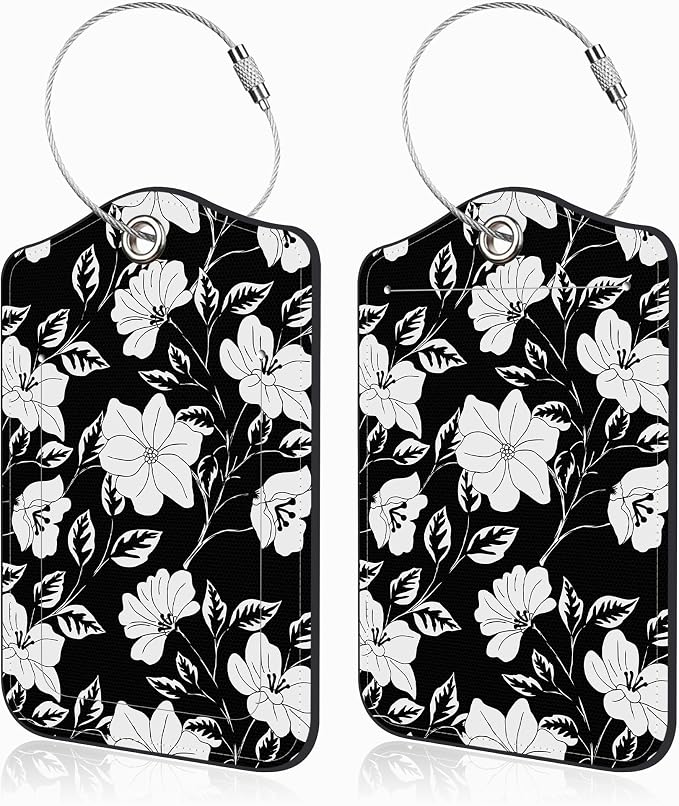 2 Pack Luggage Tags for Suitcases Black Flowers and Leaves Leather Luggage Tags by Unknown