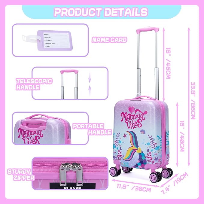 Cute Pink Mermaid Kid’s Luggage Set 5 Piece Suitcase Set 16’’ Hardside Luggage - Image 2