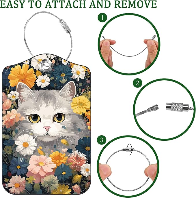 2 PCS Leather Luggage Tags for Suitcase Beautiful Cat Flowers Travel Luggage Tag - Image 4