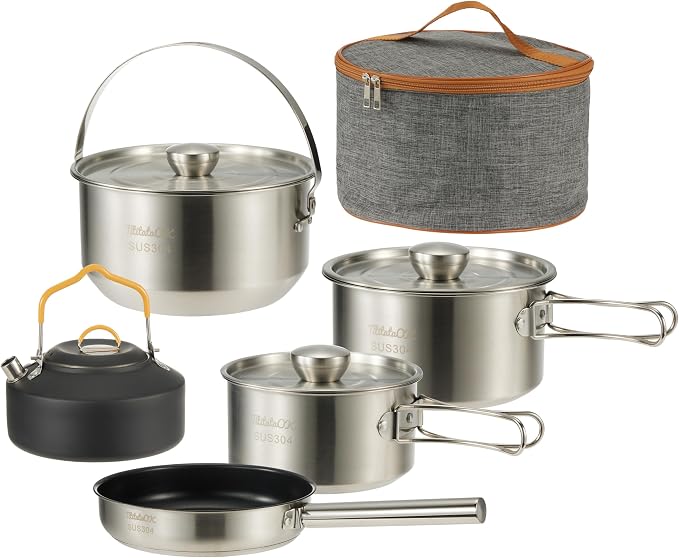 Camping Cookware Set 304 Stainless Steel 10pcs Pots & Pans, Travel Mesh Bag by Unknown
