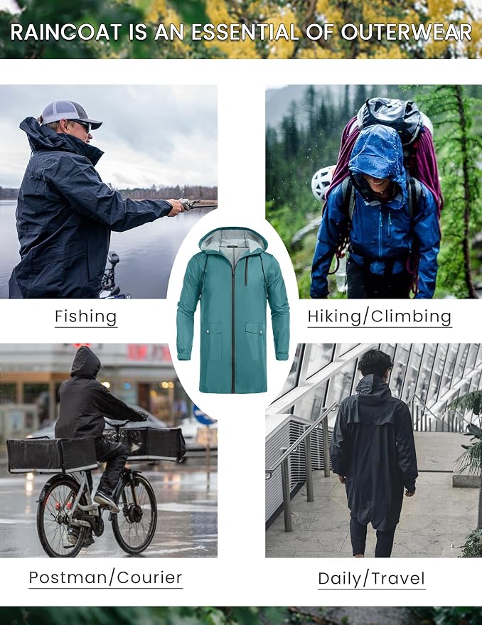 COOFANDY Men's Long Raincoat Ligtweight Rain Jacket Waterproof Outdoor Jackets - Image 5