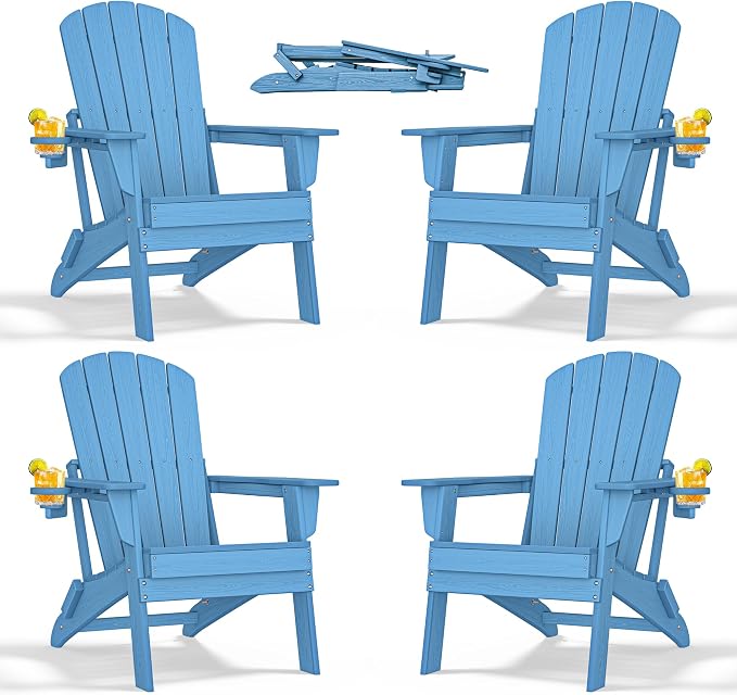 Folding Adirondack Chair with Cup Holder Set of 4, All-Weather Adirondack Chair by nevilywood