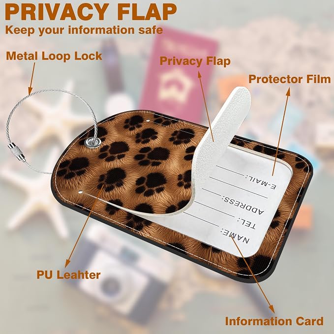 Brown Black Animal Print Paw Prints Leather Luggage Tag - Image 3