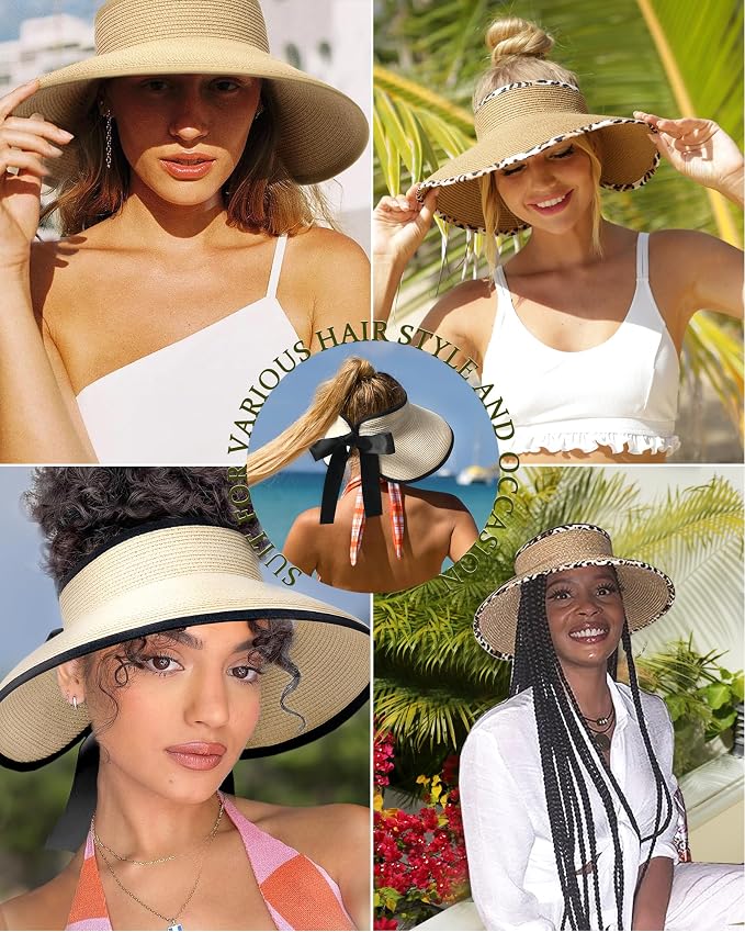 Camptrace Sun Visors for Women Wide Brim Beach Hat Foldable Straw Visor Hat - Image 5