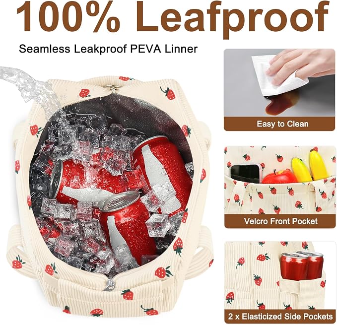 Corduroy Lunch Box Lunch Bag for Women Adults Men, Cute Strawberry Insulated - Image 4