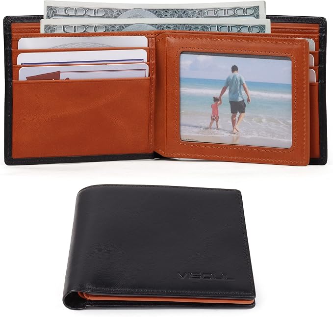 VISOUL Mens Bifold Wallet with 2 ID Windows and 2 Money Compartments, Genuine - Image 3
