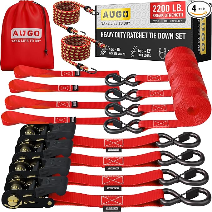 AUGO Ratchet Straps Heavy Duty 4 Pack -15 FT - 2200 LB Break Strength – - Cargo by AUGO