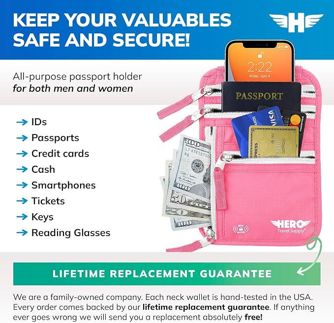 Hero Travel Supply Neck Wallet, RFID Blocking Passport Holder - Image 2