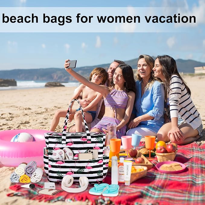 LEDAOU Large Beach Tote Bag Women Waterproof Sandproof Zipper Beach Tote Bag - Image 4