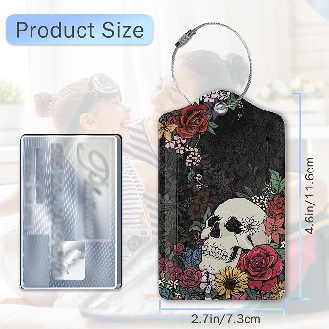 Skull Flowers Luggage Tags, 2 Pack Luggage Tag, Leather Privacy Cover ID Label - Image 2