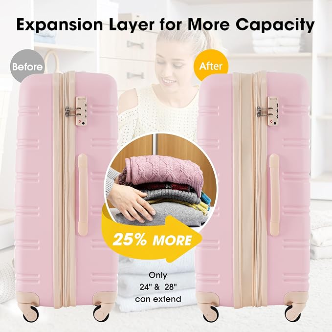 Merax Luggage sets of 2 Piece 20 28 IN Carry on Luggage Hard Case White Pink - Image 5