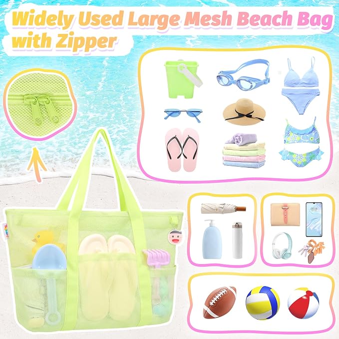 Tagitary Mesh Beach Bag with Zipper Large Beach Tote Waterproof Sandproof with - Image 3