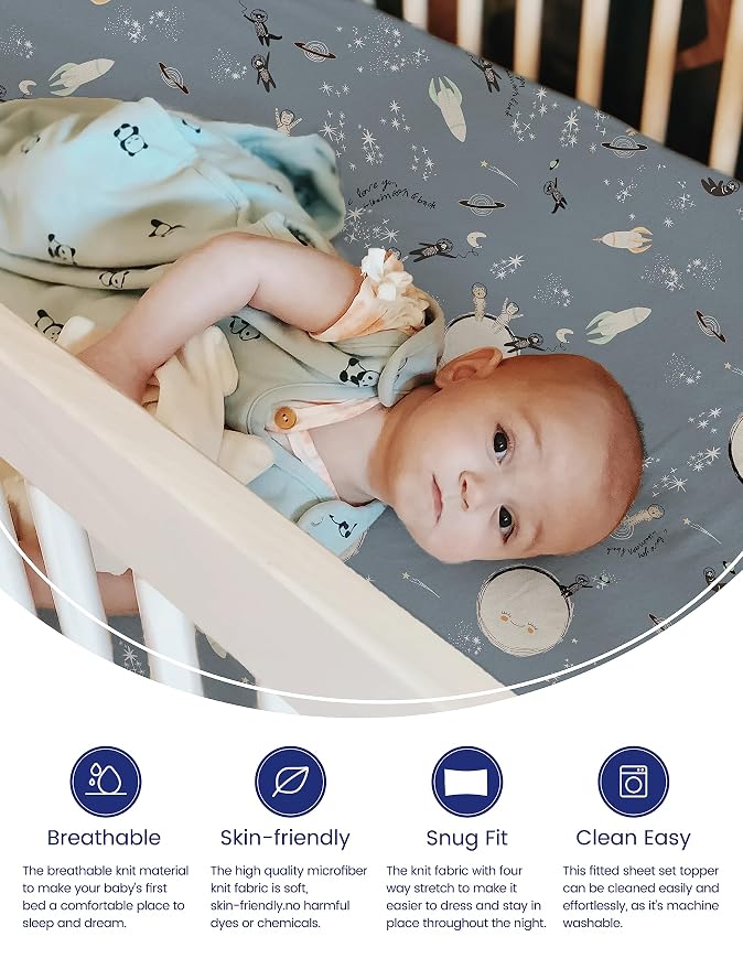 TotAha Space Mini Crib Sheets Fitted, Star & Moon Pack N Play Sheets, Super - Image 3