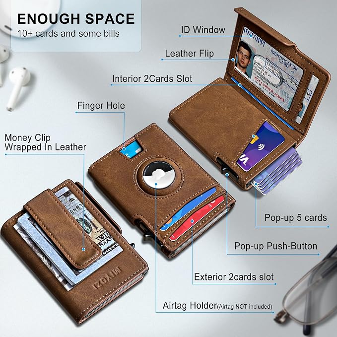 Airtag Wallet for Men, with Money Clip 10 Cards Metal Case Smart Slim Pop Up - Image 2