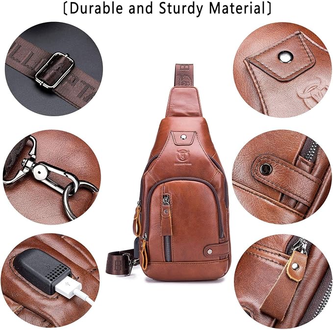 BULLCAPTAIN Leather Sling Bag Mens Chest Bag Casual Shoulder Crossbody Bags - Image 4