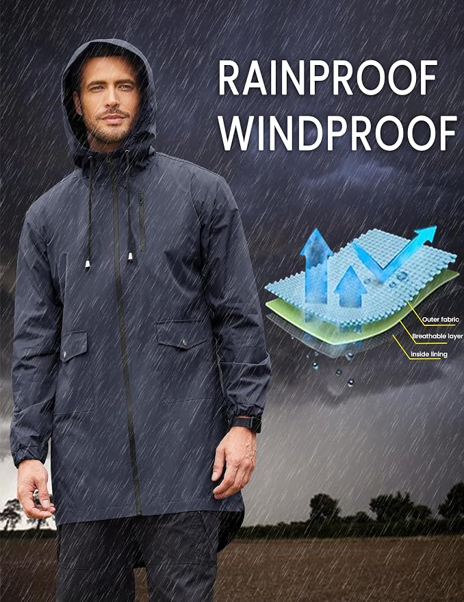 COOFANDY Men's Long Raincoat Ligtweight Rain Jacket Waterproof Outdoor Jackets - Image 2