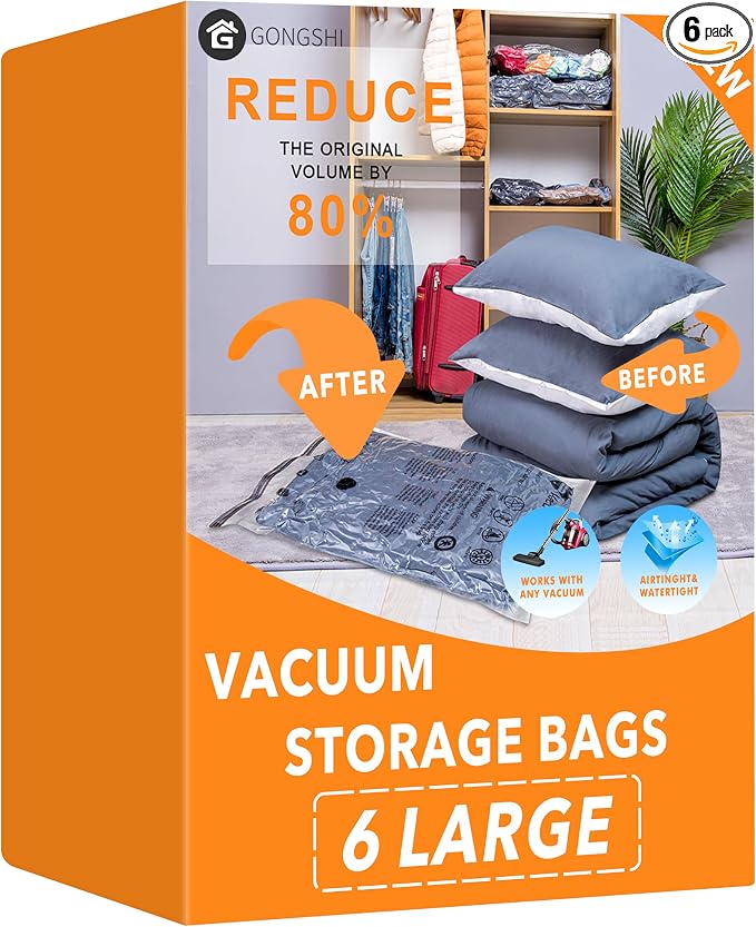 6 Large Vacuum Storage Bags, Plastic Packaging Bags, Space Saver Sealer by GONGSHI