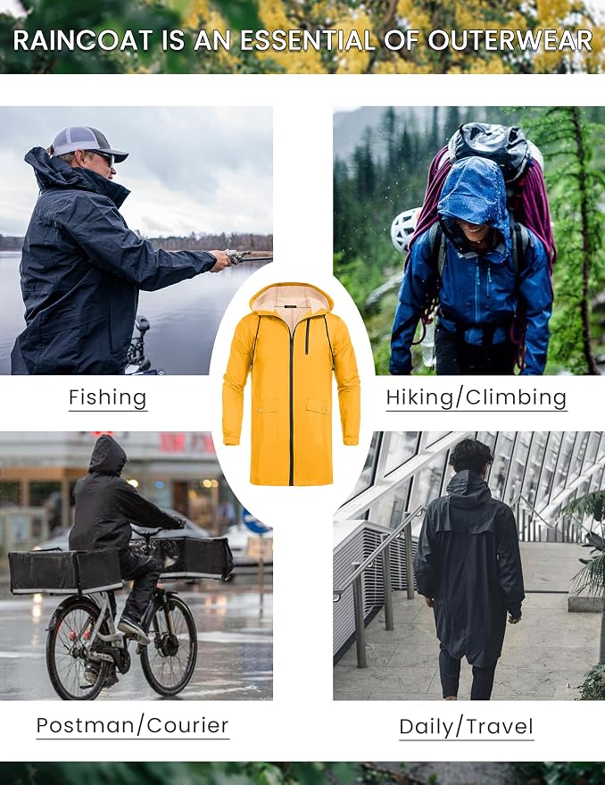 COOFANDY Men's Long Raincoat Ligtweight Rain Jacket Waterproof Outdoor Jackets - Image 4