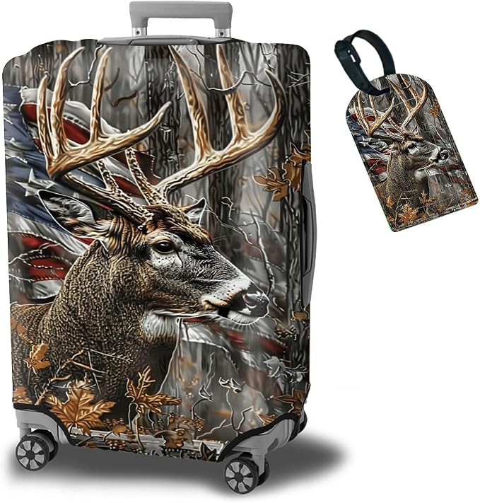 Luggage Cover + Tag, Camo Deer Flag Travel Suitcase Protector by BWEGRHE