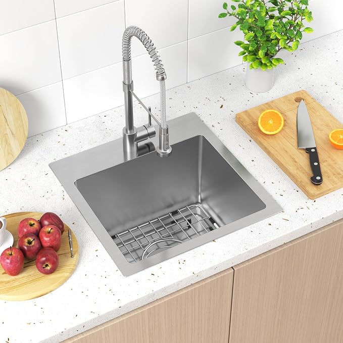 15x15 inch Drop in Bar Sink, 15 inch Small Kitchen Sink Topmount 18 Gauge - Image 7