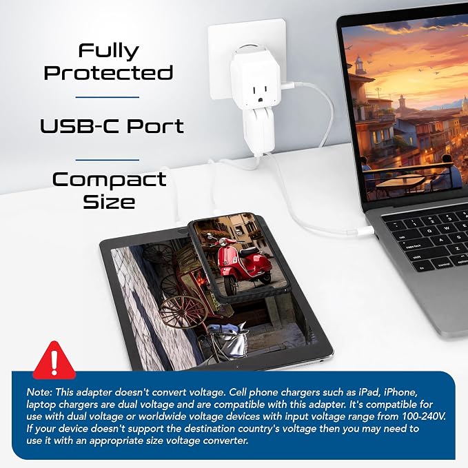 Ceptics European Plug Adapter, Safe USB-C 30W PD & QC 3.0-2 USA Socket - Image 3