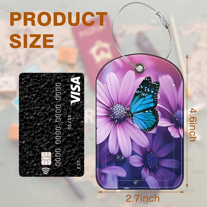 2 Pack Luggage Tag for Suitcase Purple Daisy and Butterfly Leather Suitcase Tags - Image 2