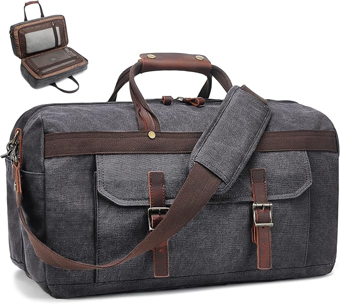 Duffle Bag for Men Waterproof Genuine Leather Canvas Travel Duffel Bags for by SOAEON