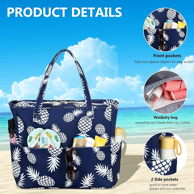 LEDAOU Large Beach Tote Bag Women Waterproof Sandproof Zipper Beach Tote Bag - Image 3