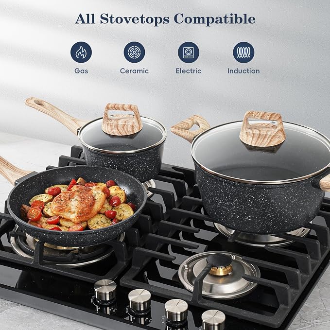 12 Pcs Pots and Pans Set, Nonstick Cookware Sets Black Granite Induction - Image 7