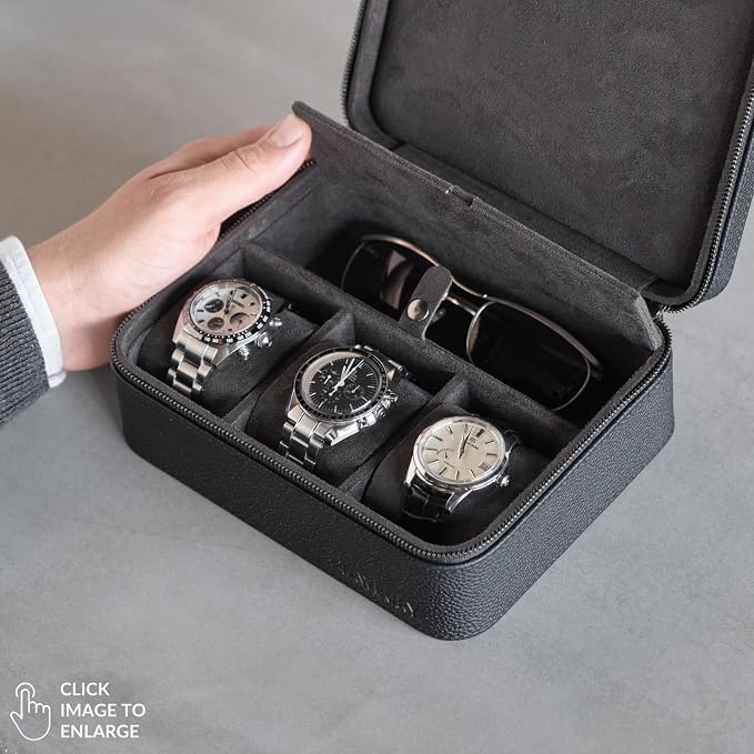 TAWBURY 3 Slot Watch Case Plus Storage – Luxury Leather Watch Travel Case - Image 2