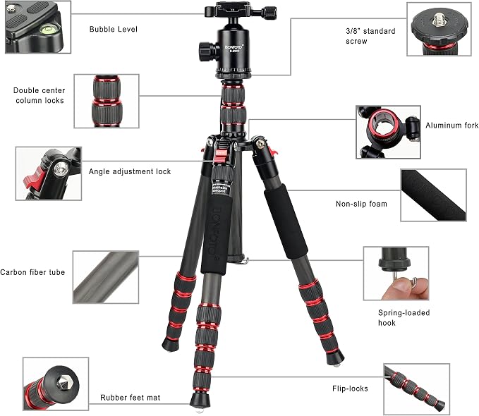 BONFOTO B690C Lightweight Carbon Fiber Portable Tripod Compact Travel Camera - Image 2