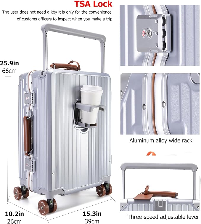 feilario 24in Aluminum Frame Wide Handle Hard Shell Carry On Suitcase - Image 4
