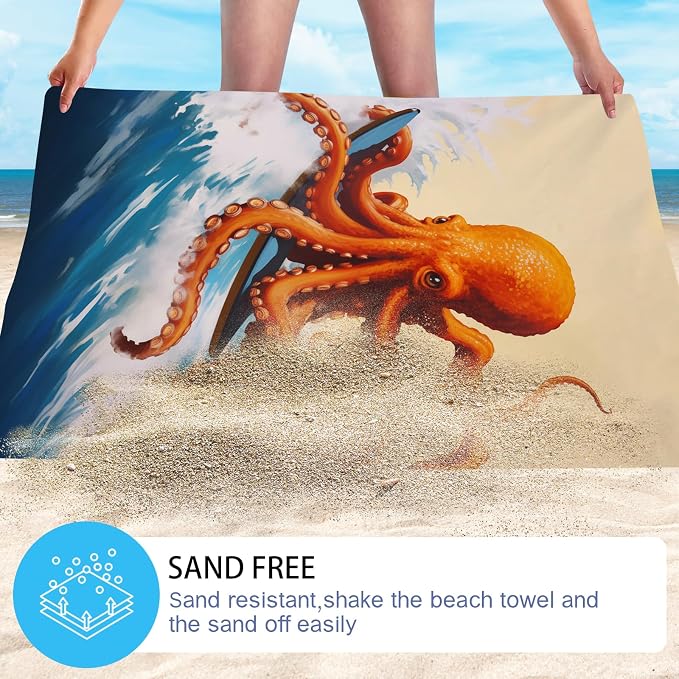 WZOMT Microfiber Octopus Beach Towel, Funny Octopus Surfing Ocean Animal Print - Image 4