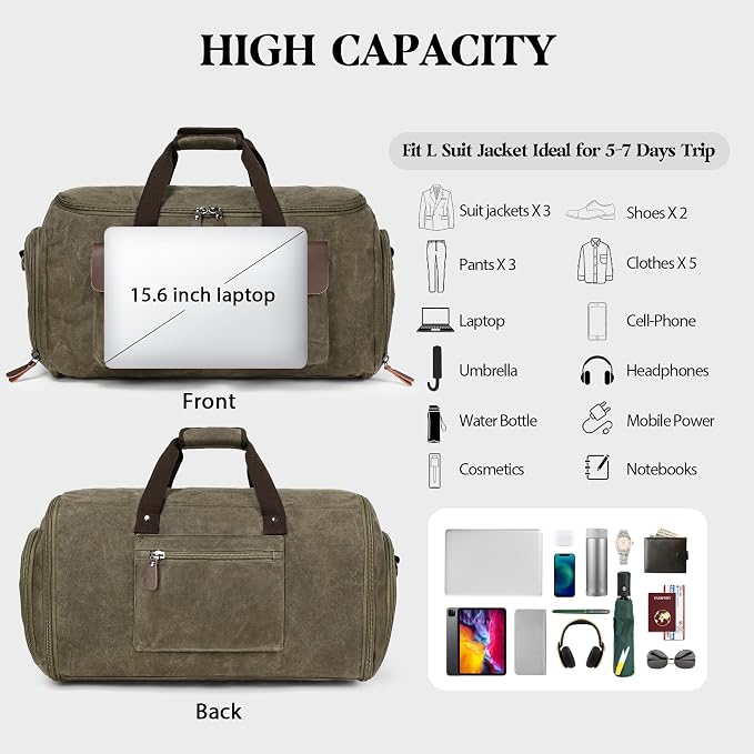 Waxed Canvas Garment Bags for Travel, Convertible Carry On Garment Duffel Bag - Image 5