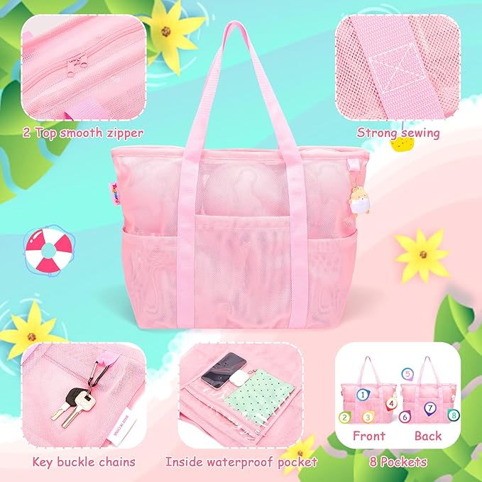 Tagitary Mesh Beach Bag with Zipper Large Beach Tote Waterproof Sandproof with - Image 3