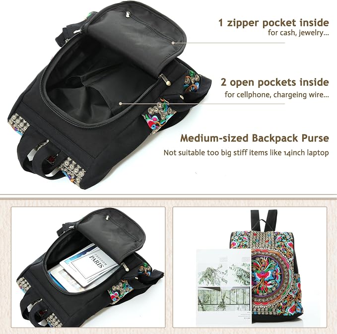 Jursccu Embroidered Women Backpack Purse, Fashion Canvas Travel Anti-theft - Image 4
